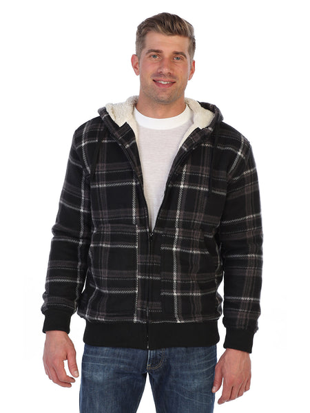 mens fleece outerwear jacket with sherpa lining and removable hood