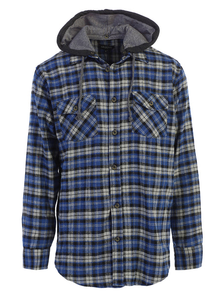 Mens Casual long-sleeve Removable Hood Plaid Checked Flannel Button Down