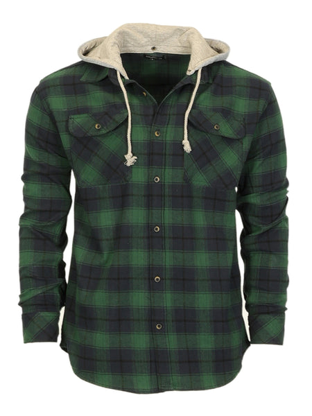 Mens Casual long-sleeve Removable Hood Plaid Checked Flannel Button Down