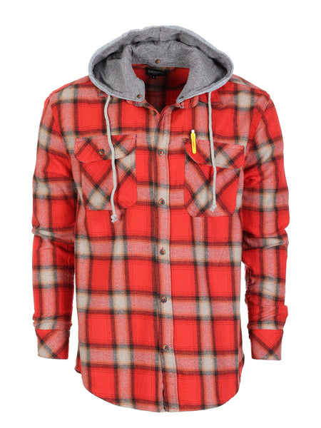 Mens Casual long-sleeve Removable Hood Plaid Checked Flannel Button Down