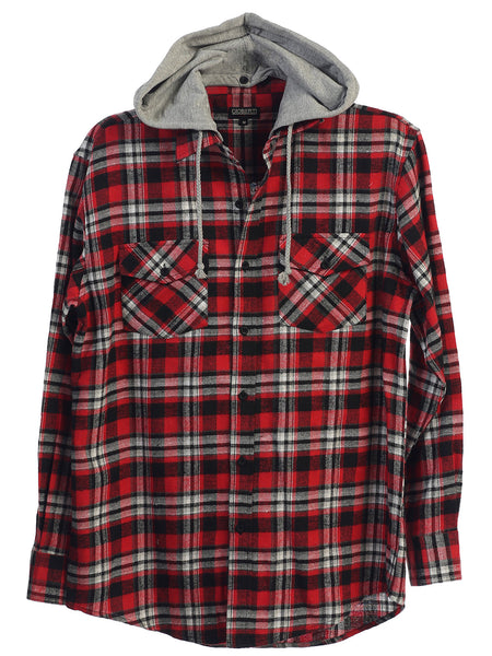 Mens Casual long-sleeve Removable Hood Plaid Checked Flannel Button Down