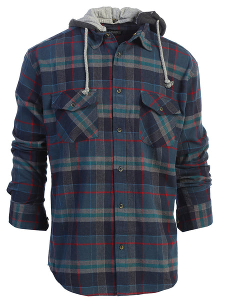 Mens Casual long-sleeve Removable Hood Plaid Checked Flannel Button Down