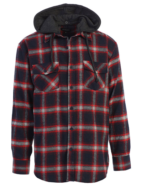 Mens Casual long-sleeve Removable Hood Plaid Checked Flannel Button Down