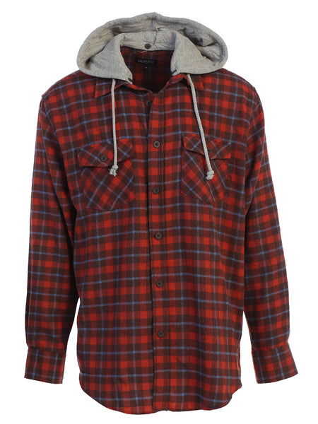 Mens Casual long-sleeve Removable Hood Plaid Checked Flannel Button Down