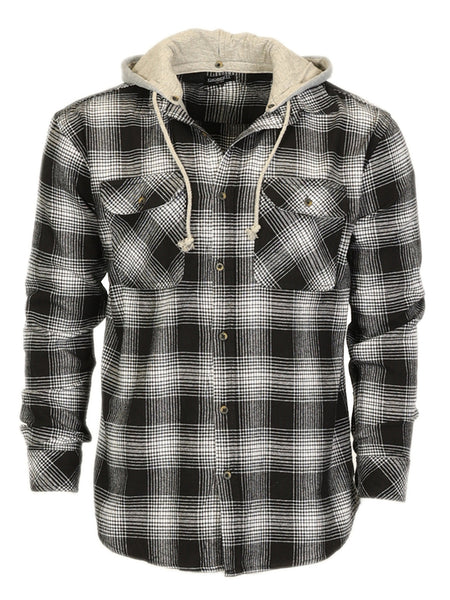Mens Casual long-sleeve Removable Hood Plaid Checked Flannel Button Down