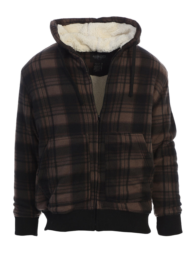 mens fleece outerwear jacket with sherpa lining and removable hood