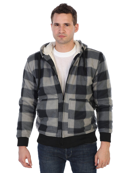 mens fleece outerwear jacket with sherpa lining and removable hood