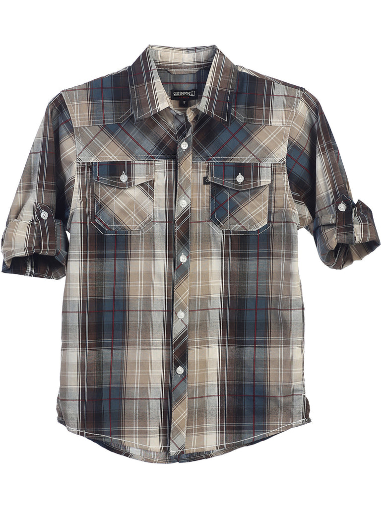 boys long sleeve roll up plaid checked shirt