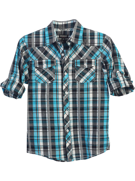 boys long sleeve roll up plaid checked shirt