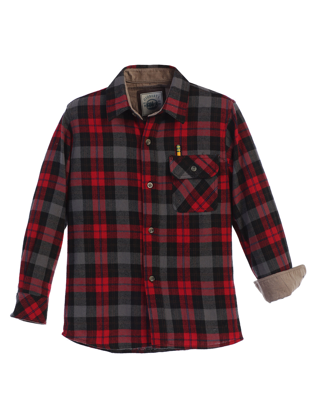 Gioberti Boy's Single Pocket Flannel Shirt with Corduroy