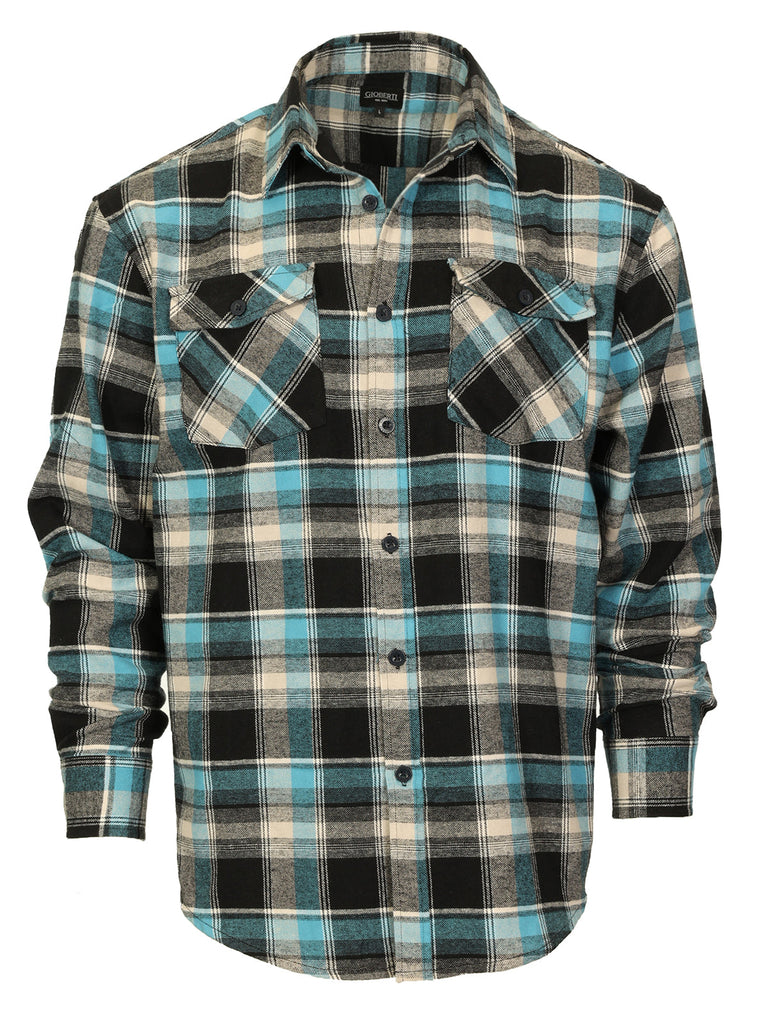 Mens Long Sleeve Flannel Plaid Checked Double Pocketed Shirt