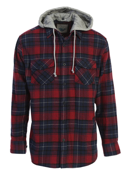 Mens Casual long-sleeve Removable Hood Plaid Checked Flannel Button Down