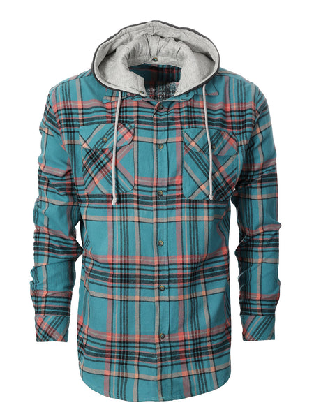 Mens Casual long-sleeve Removable Hood Plaid Checked Flannel Button Down