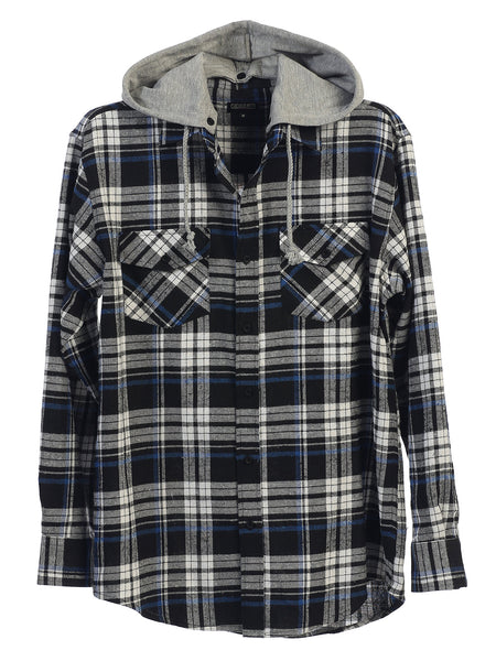 Mens Casual long-sleeve Removable Hood Plaid Checked Flannel Button Down