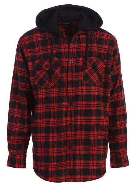 Mens Casual long-sleeve Removable Hood Plaid Checked Flannel Button Down