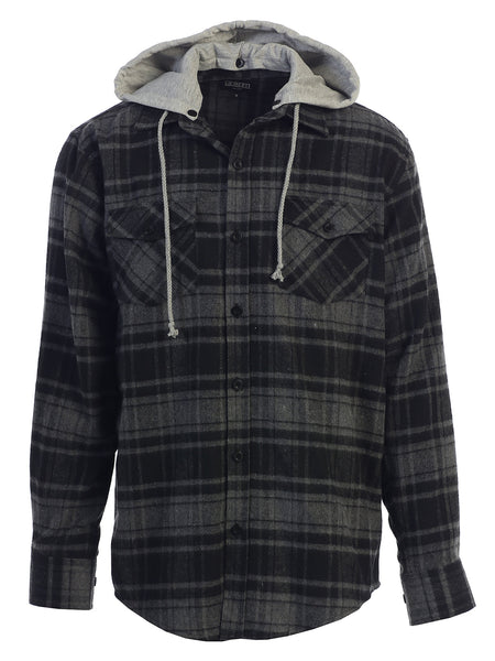 Mens Casual long-sleeve Removable Hood Plaid Checked Flannel Button Down