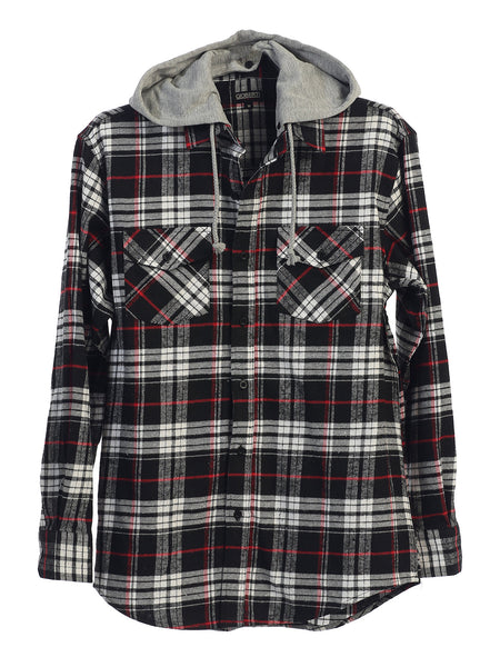 Mens Casual long-sleeve Removable Hood Plaid Checked Flannel Button Down