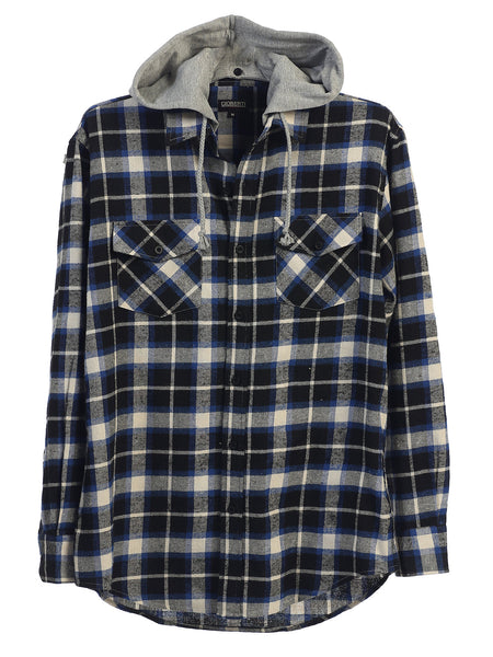 Mens Casual long-sleeve Removable Hood Plaid Checked Flannel Button Down