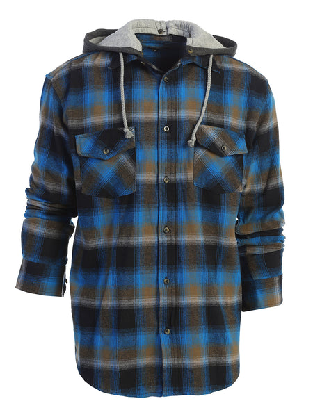 Mens Casual long-sleeve Removable Hood Plaid Checked Flannel Button Down