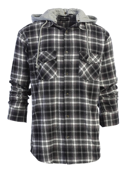 Mens Casual long-sleeve Removable Hood Plaid Checked Flannel Button Down