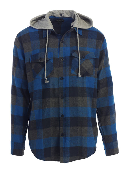 Mens Casual long-sleeve Removable Hood Plaid Checked Flannel Button Down