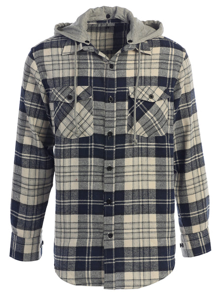 Mens Casual long-sleeve Removable Hood Plaid Checked Flannel Button Down