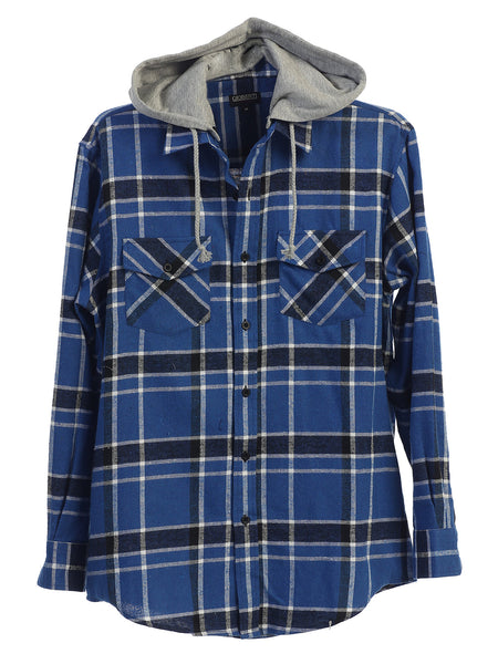 Mens Casual long-sleeve Removable Hood Plaid Checked Flannel Button Down