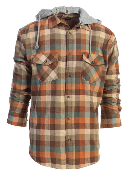 Mens Casual long-sleeve Removable Hood Plaid Checked Flannel Button Down