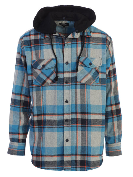 Mens Casual long-sleeve Removable Hood Plaid Checked Flannel Button Down