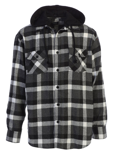 Mens Casual long-sleeve Removable Hood Plaid Checked Flannel Button Down