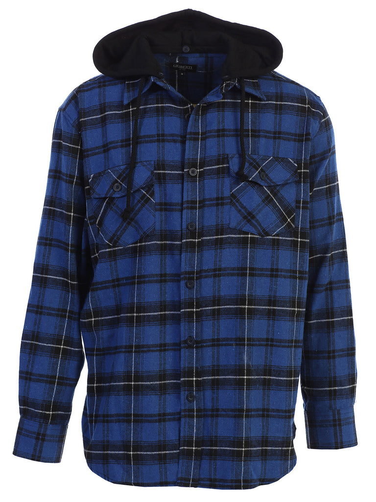 Mens Casual long-sleeve Removable Hood Plaid Checked Flannel Button Down